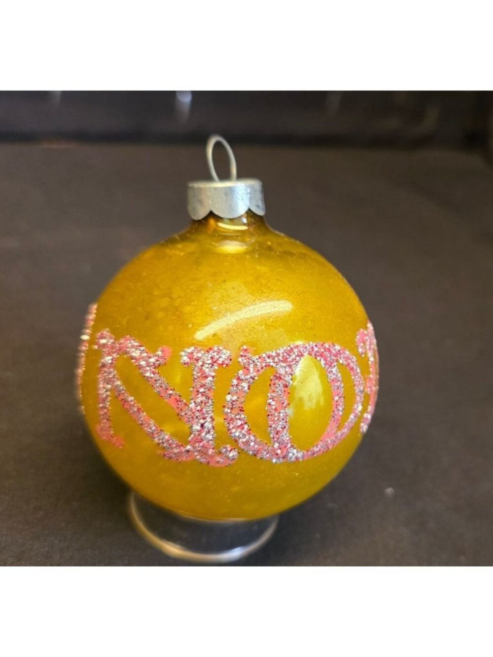 Vintage MCM Yellow Gold NOEL Mercury Glass Mica Stenciled Christmas Ornament USA